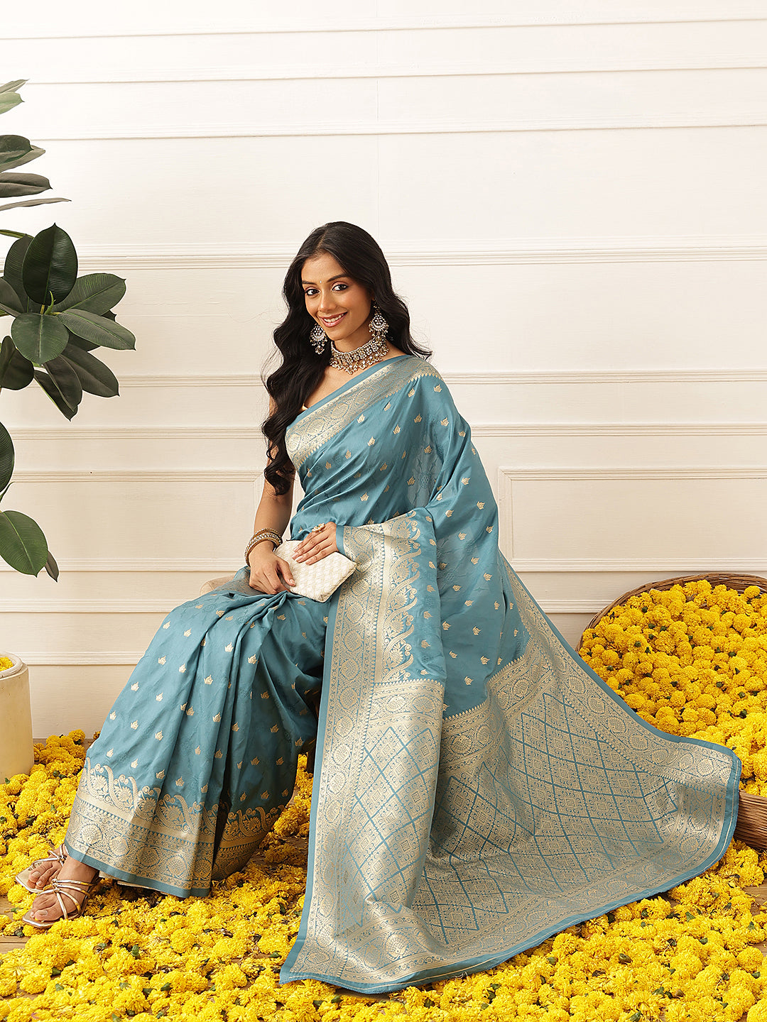 Banarasi Soft Silk Small Zari Butta Work Woven Saree With Unstitched Blouse Piece