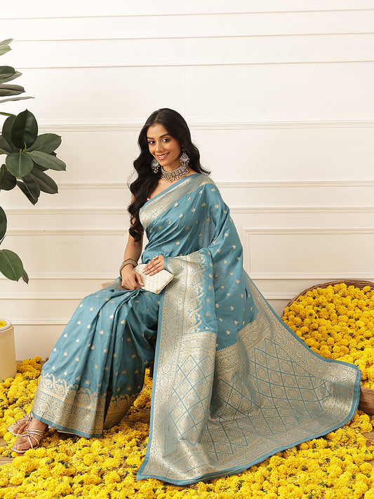 Banarasi Soft Silk Small Zari Butta Work Woven Saree With Unstitched Blouse Piece