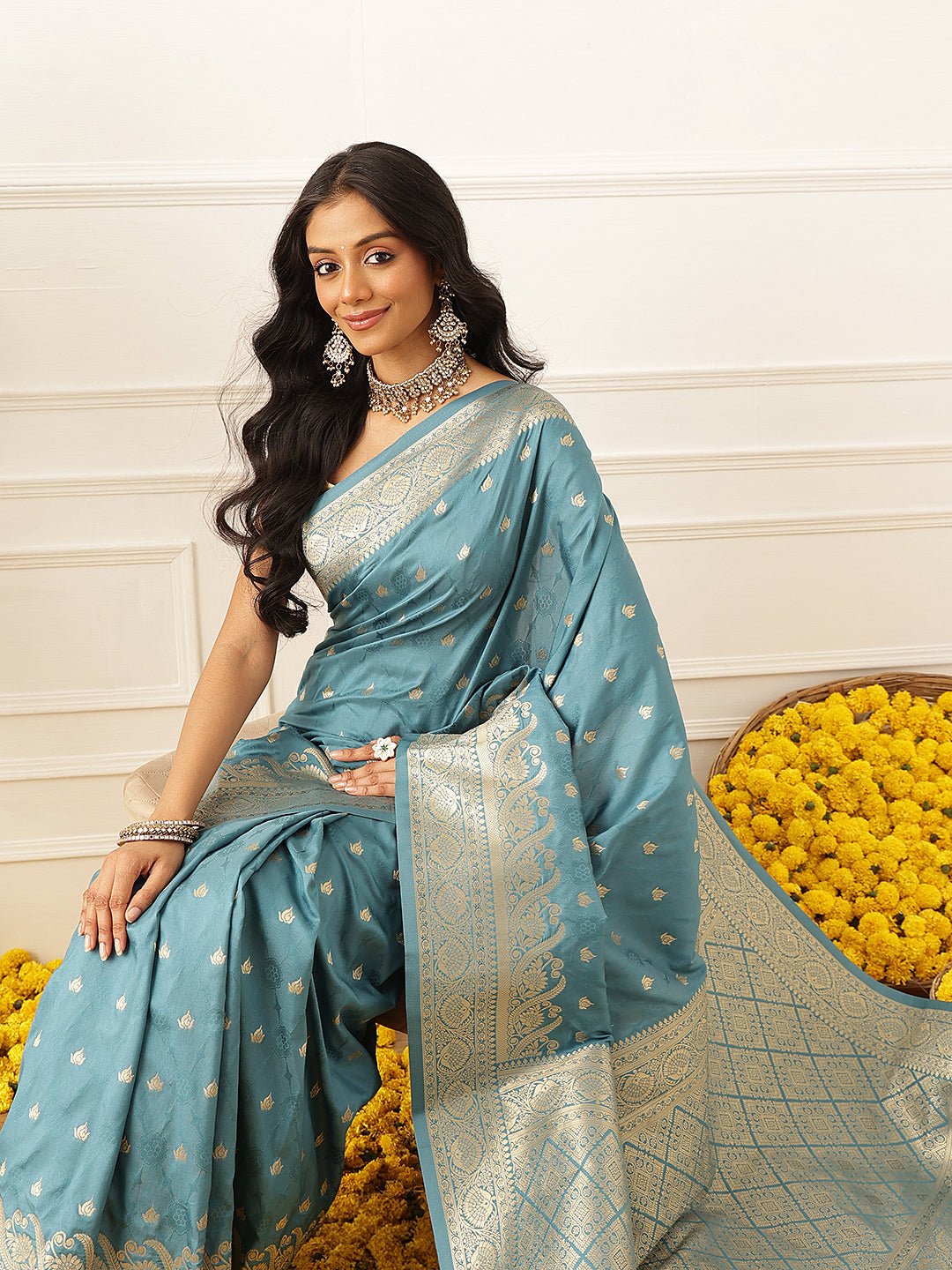 Banarasi Soft Silk Small Zari Butta Work Woven Saree With Unstitched Blouse Piece