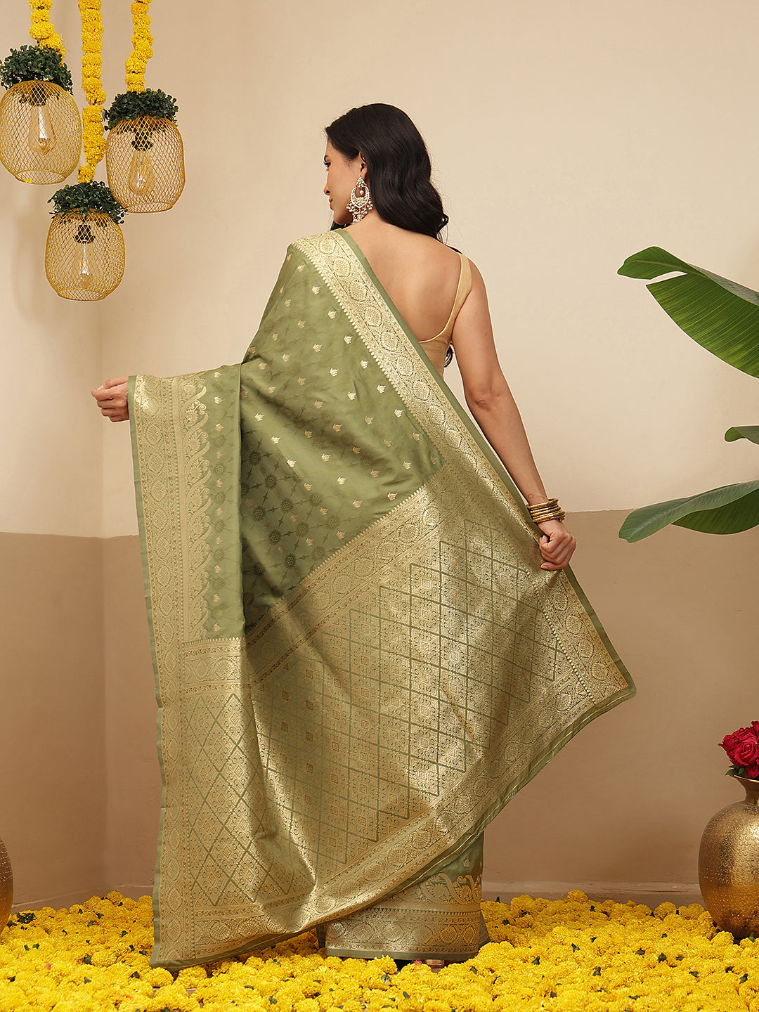 Banarasi Soft Silk Small Zari Butta Work Woven Saree With Unstitched Blouse Piece