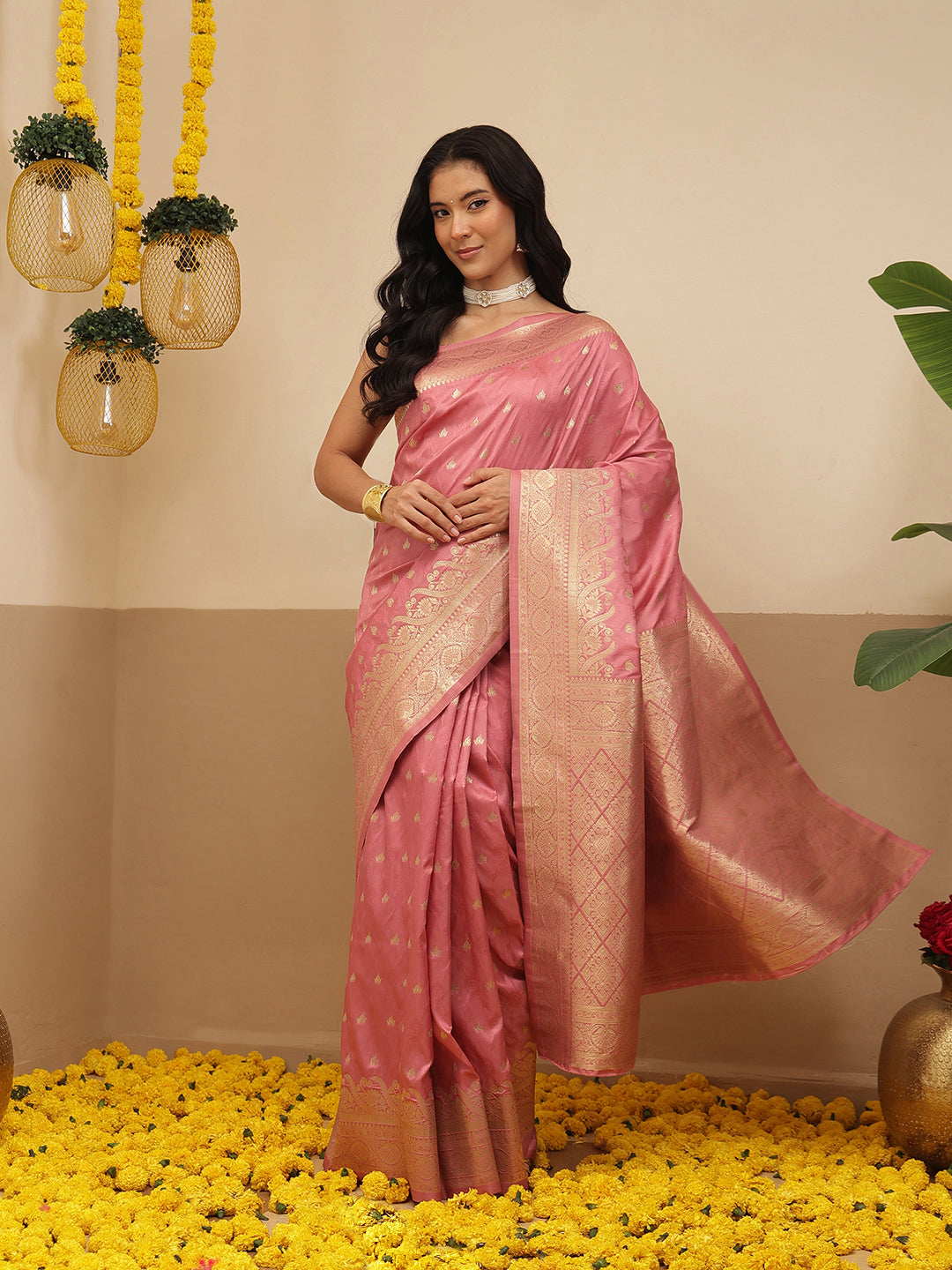 Banarasi Soft Silk Small Zari Butta Work Woven Saree With Unstitched Blouse Piece