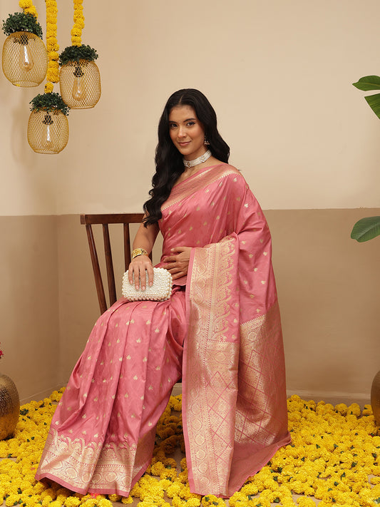 Banarasi Soft Silk Small Zari Butta Work Woven Saree With Unstitched Blouse Piece