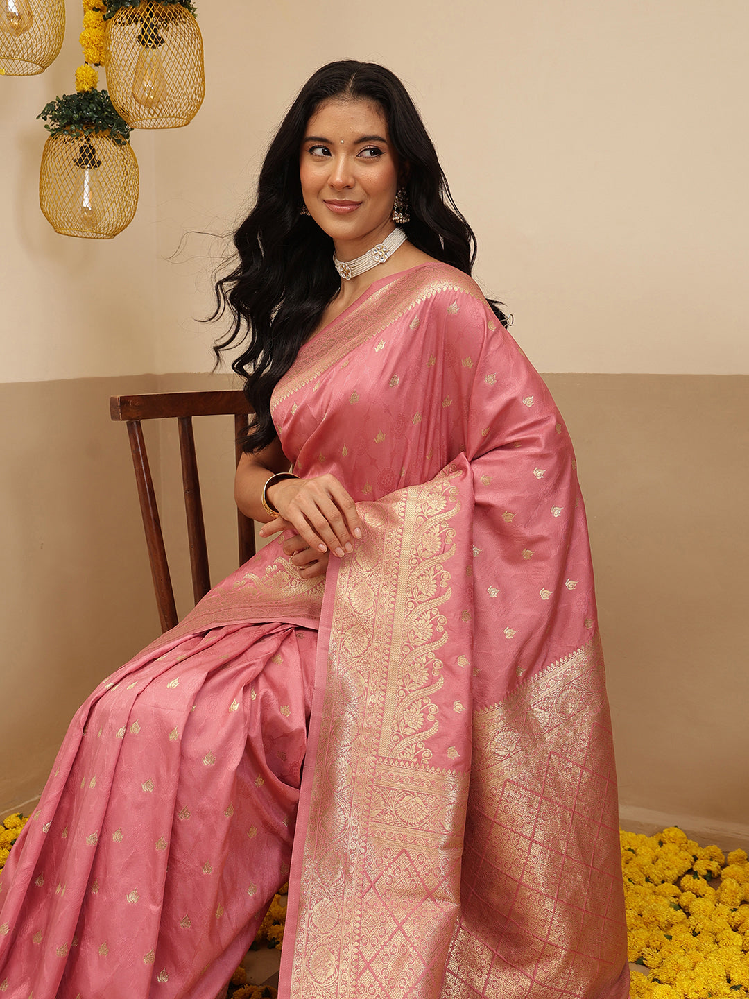 Banarasi Soft Silk Small Zari Butta Work Woven Saree With Unstitched Blouse Piece