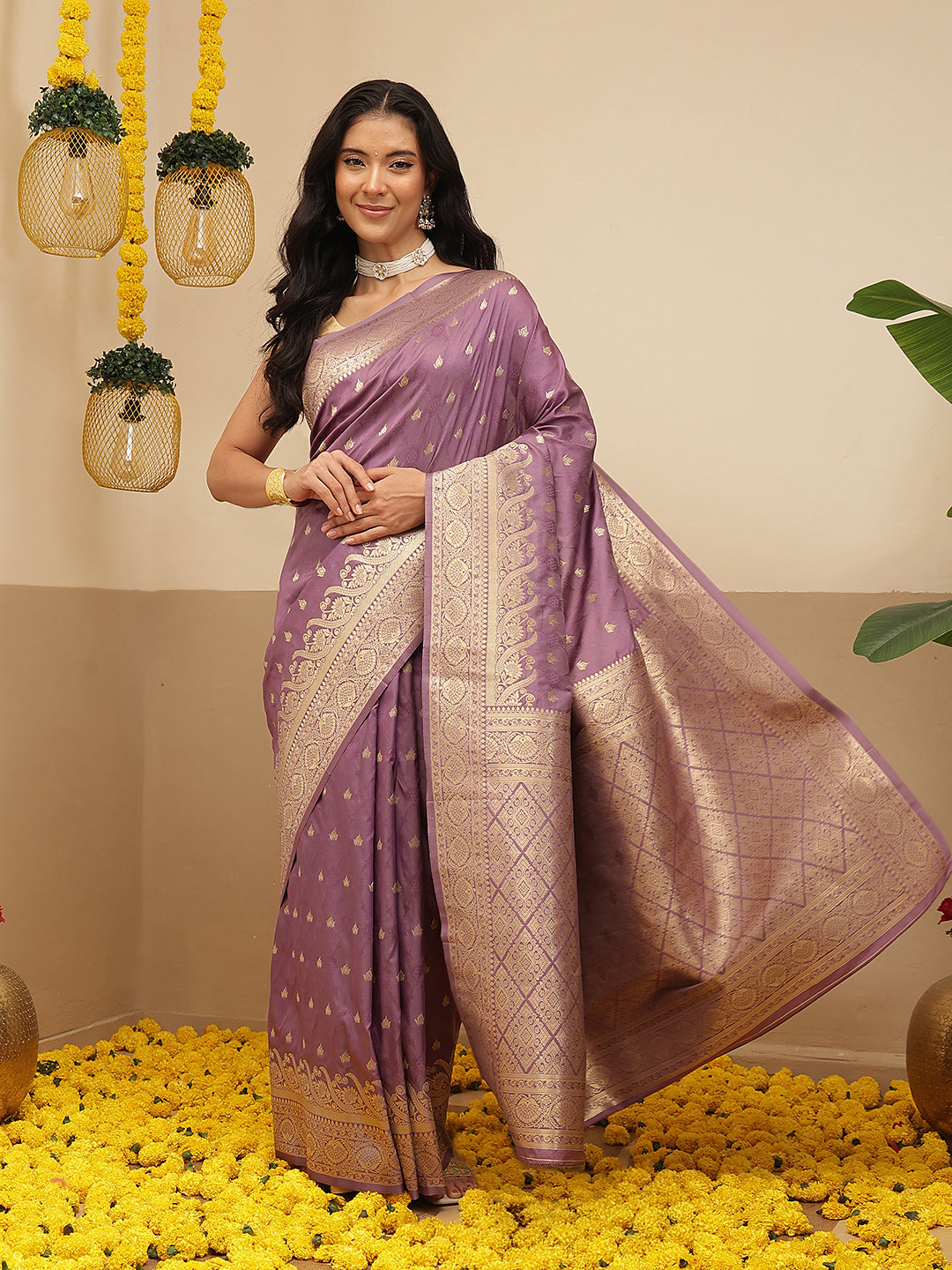 Banarasi Soft Silk Small Zari Butta Work Woven Saree With Unstitched Blouse Piece