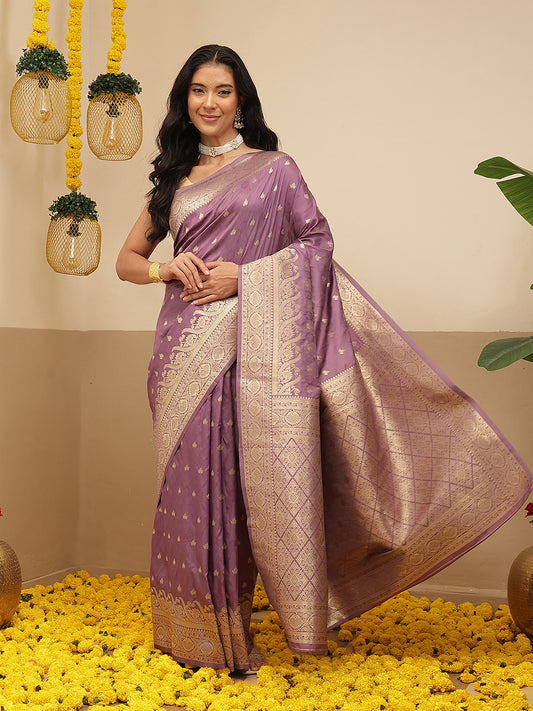 Banarasi Soft Silk Small Zari Butta Work Woven Saree With Unstitched Blouse Piece