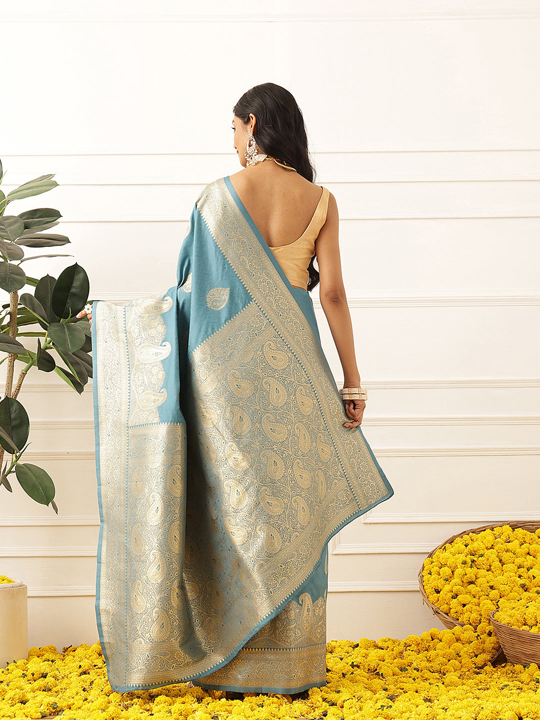 Banarasi Soft Silk Paisley Butta Work Woven Saree With Unstitched Blouse Piece