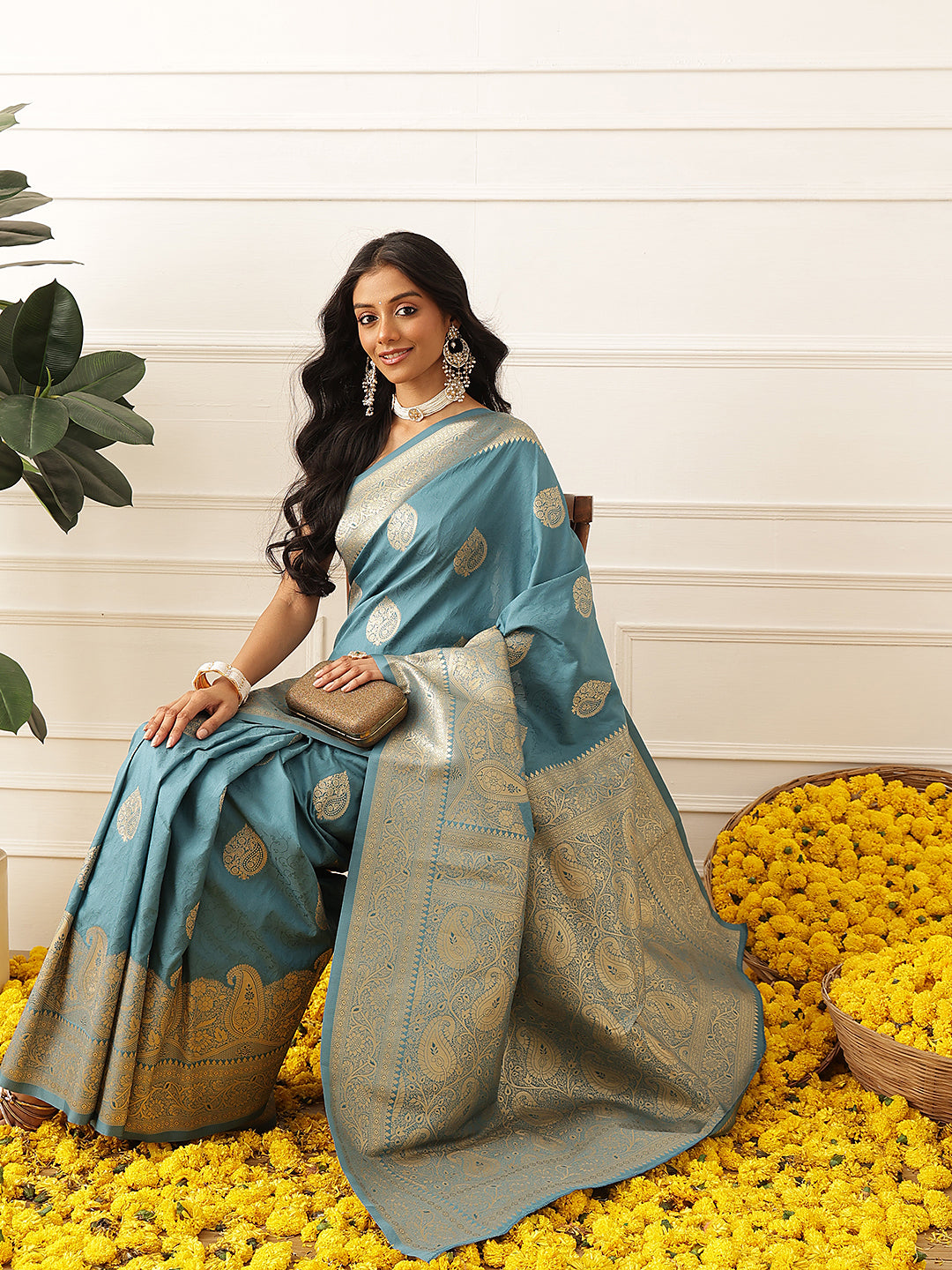 Banarasi Soft Silk Paisley Butta Work Woven Saree With Unstitched Blouse Piece