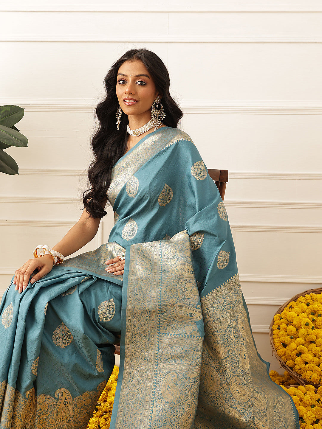 Banarasi Soft Silk Paisley Butta Work Woven Saree With Unstitched Blouse Piece