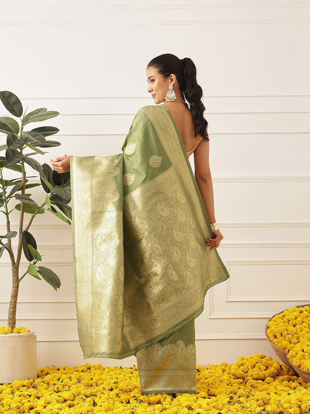 Banarasi Soft Silk Paisley Butta Work Woven Saree With Unstitched Blouse Piece