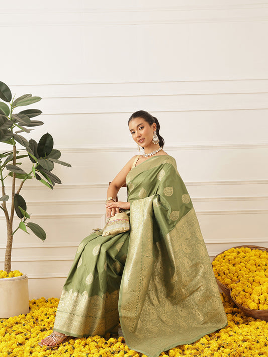 Banarasi Soft Silk Paisley Butta Work Woven Saree With Unstitched Blouse Piece