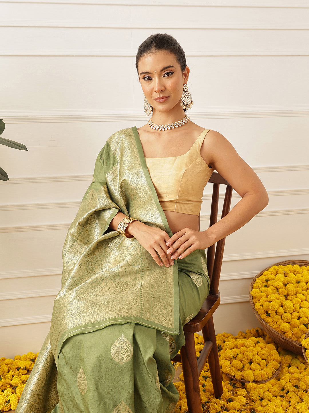 Banarasi Soft Silk Paisley Butta Work Woven Saree With Unstitched Blouse Piece