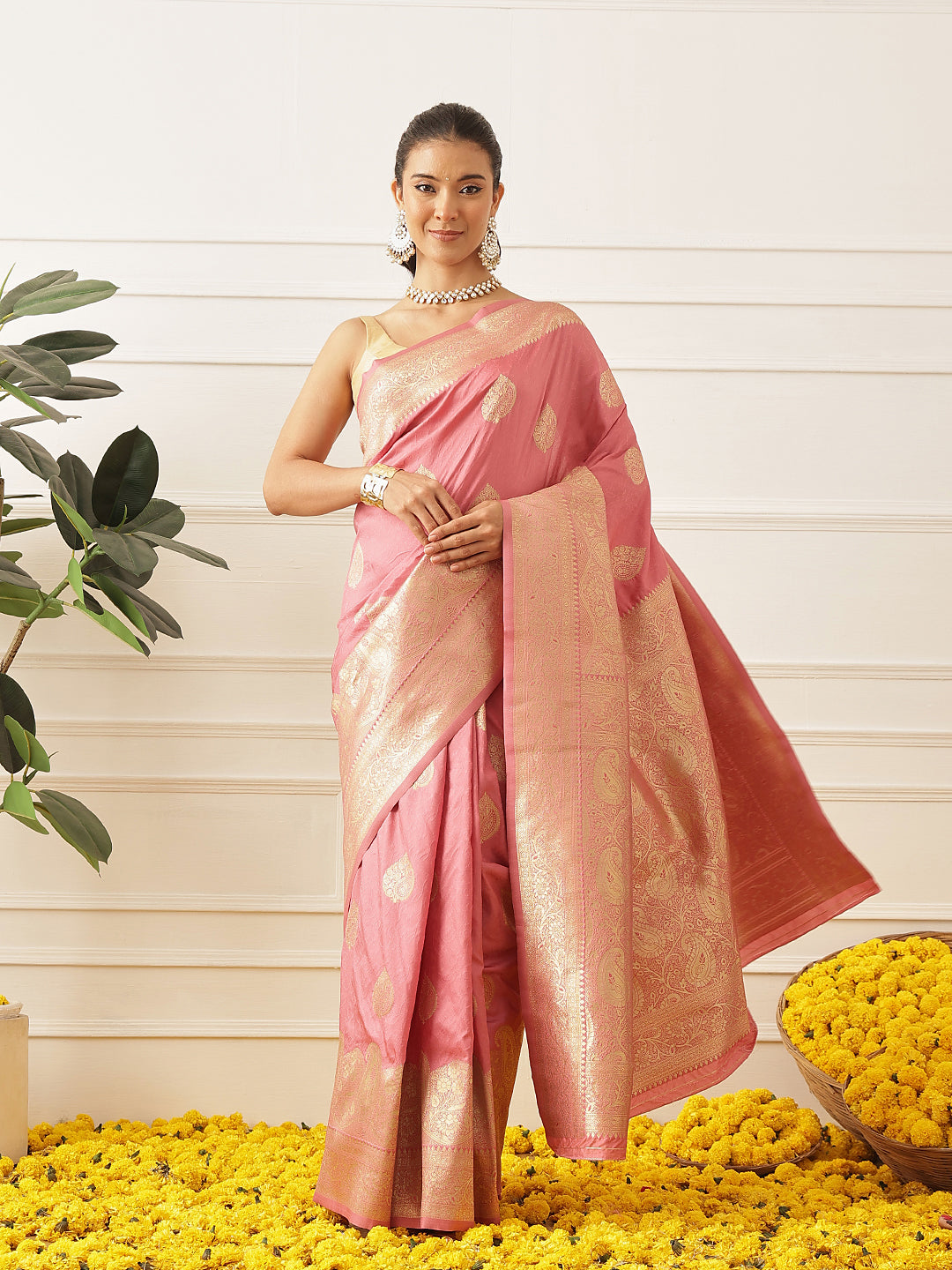Banarasi Soft Silk Paisley Butta Work Woven Saree With Unstitched Blouse Piece