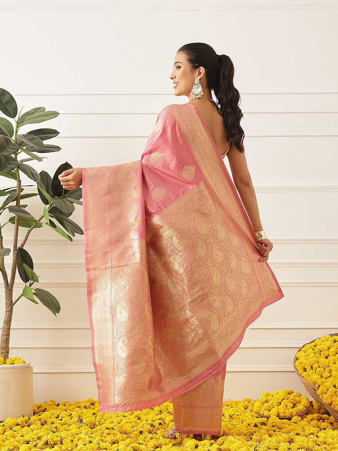 Banarasi Soft Silk Paisley Butta Work Woven Saree With Unstitched Blouse Piece
