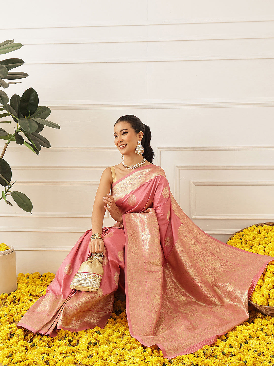Banarasi Soft Silk Paisley Butta Work Woven Saree With Unstitched Blouse Piece