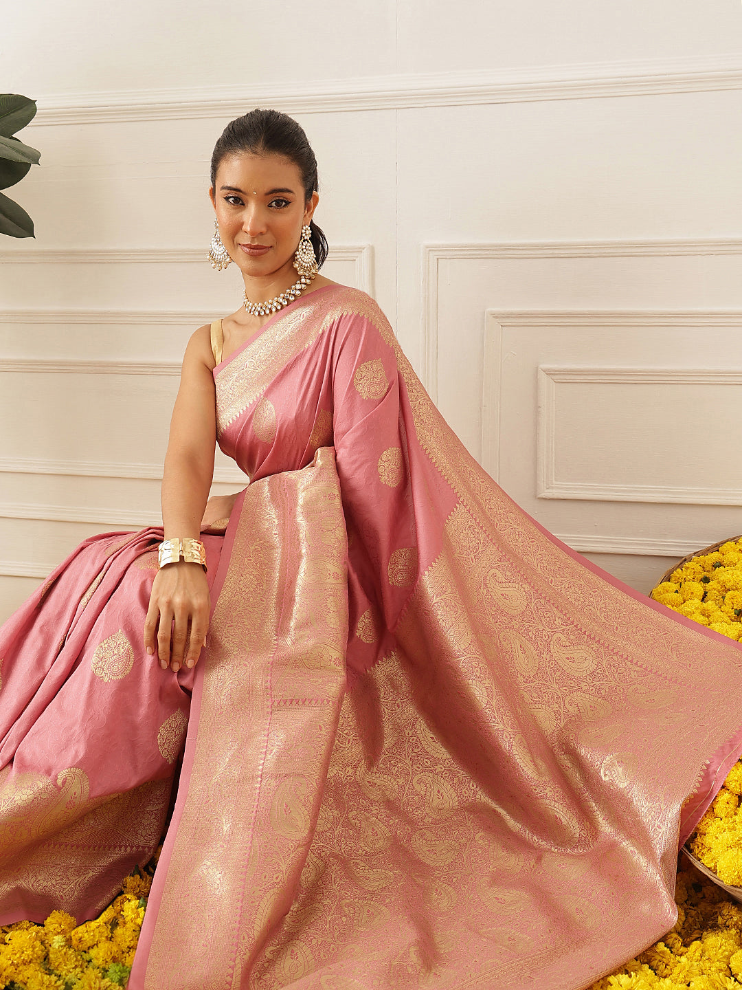 Banarasi Soft Silk Paisley Butta Work Woven Saree With Unstitched Blouse Piece