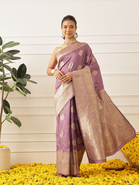 Banarasi Soft Silk Paisley Butta Work Woven Saree With Unstitched Blouse Piece