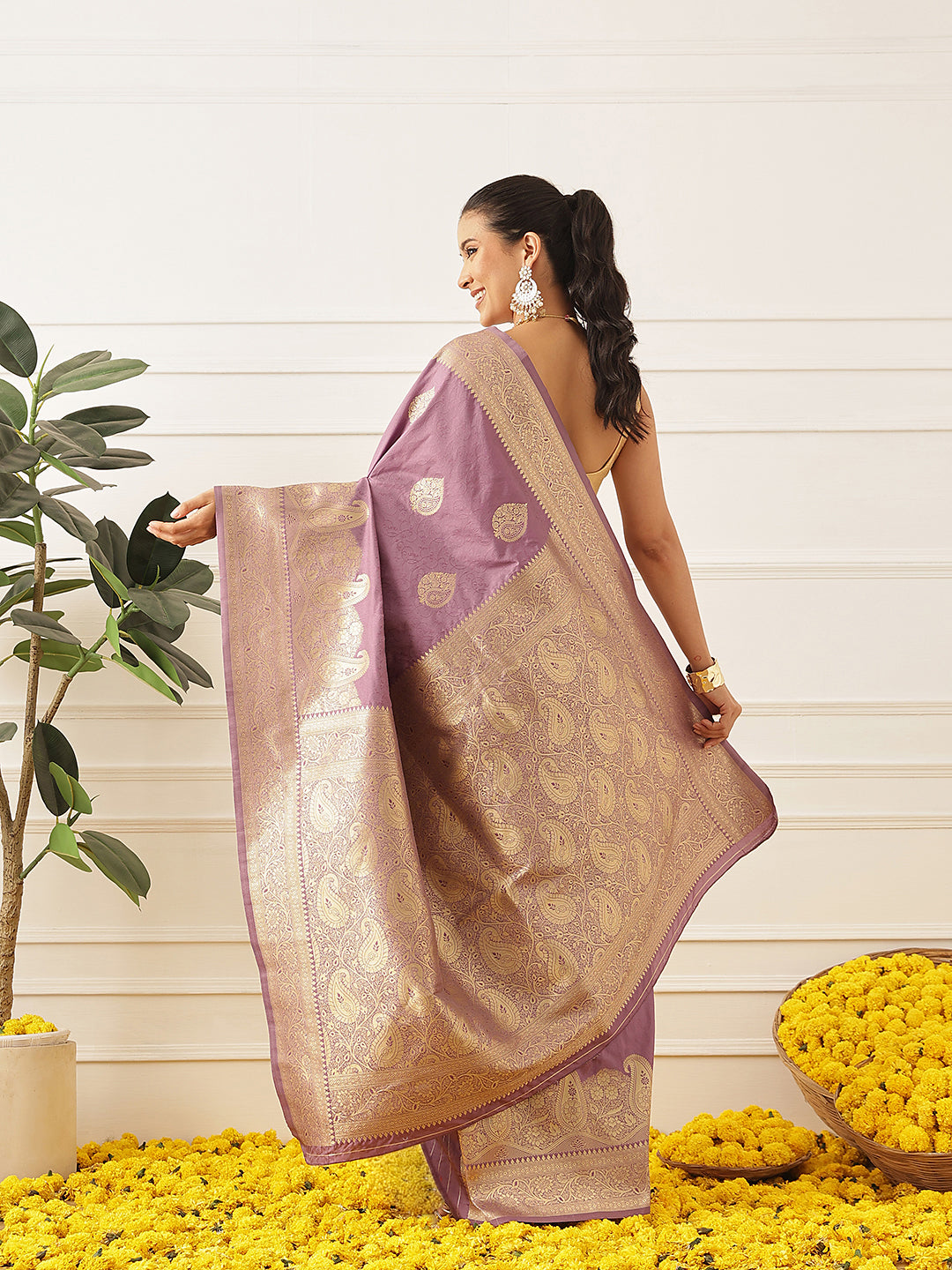 Banarasi Soft Silk Paisley Butta Work Woven Saree With Unstitched Blouse Piece