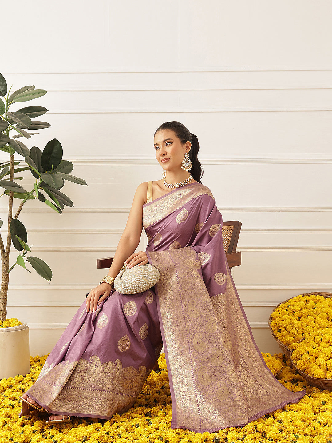 Banarasi Soft Silk Paisley Butta Work Woven Saree With Unstitched Blouse Piece