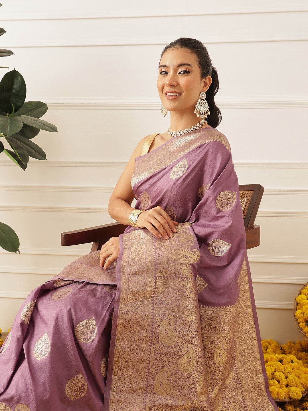 Banarasi Soft Silk Paisley Butta Work Woven Saree With Unstitched Blouse Piece