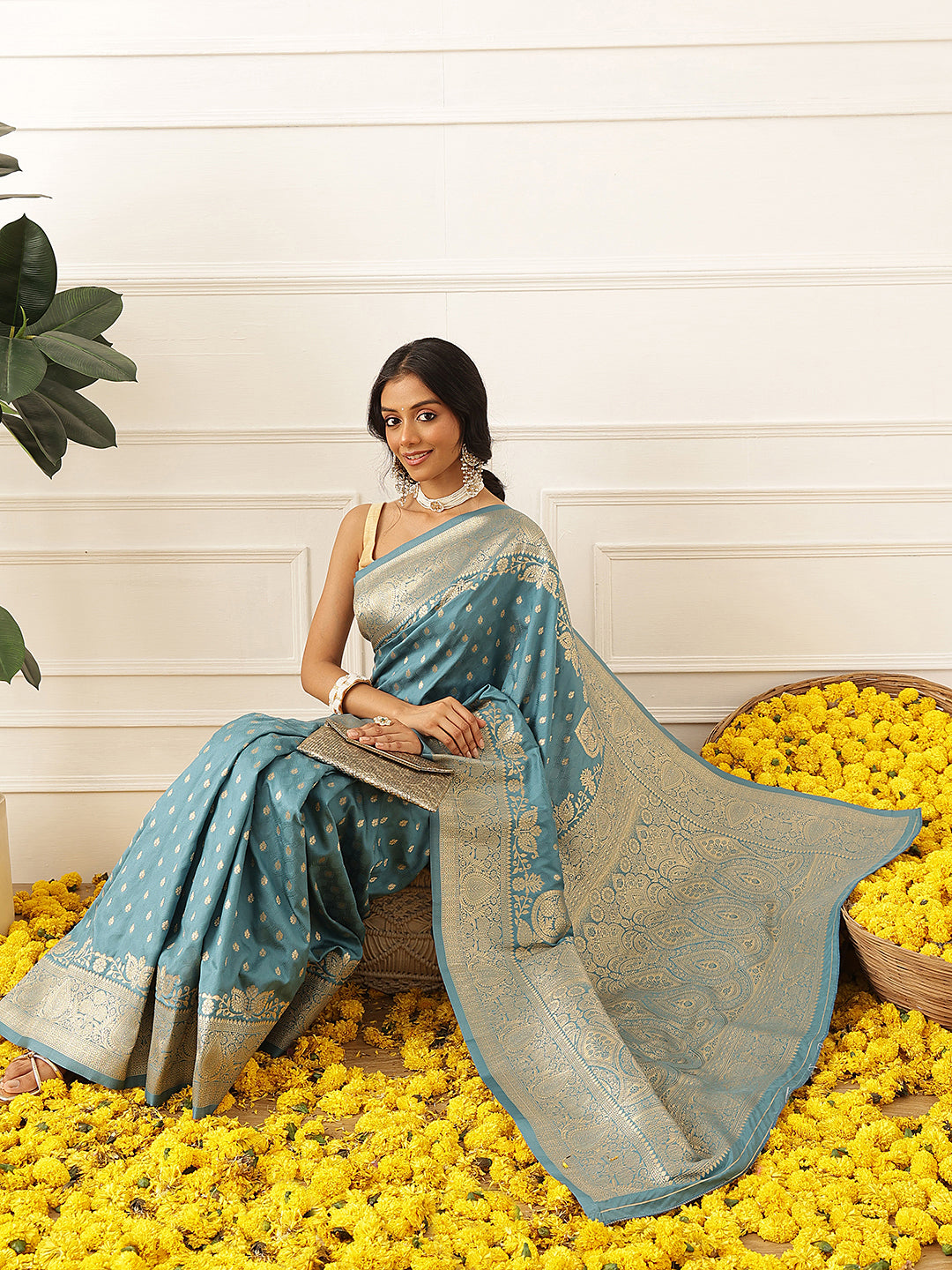 Banarasi Soft Silk Zari Butta Work Woven Saree With Unstitched Blouse Piece