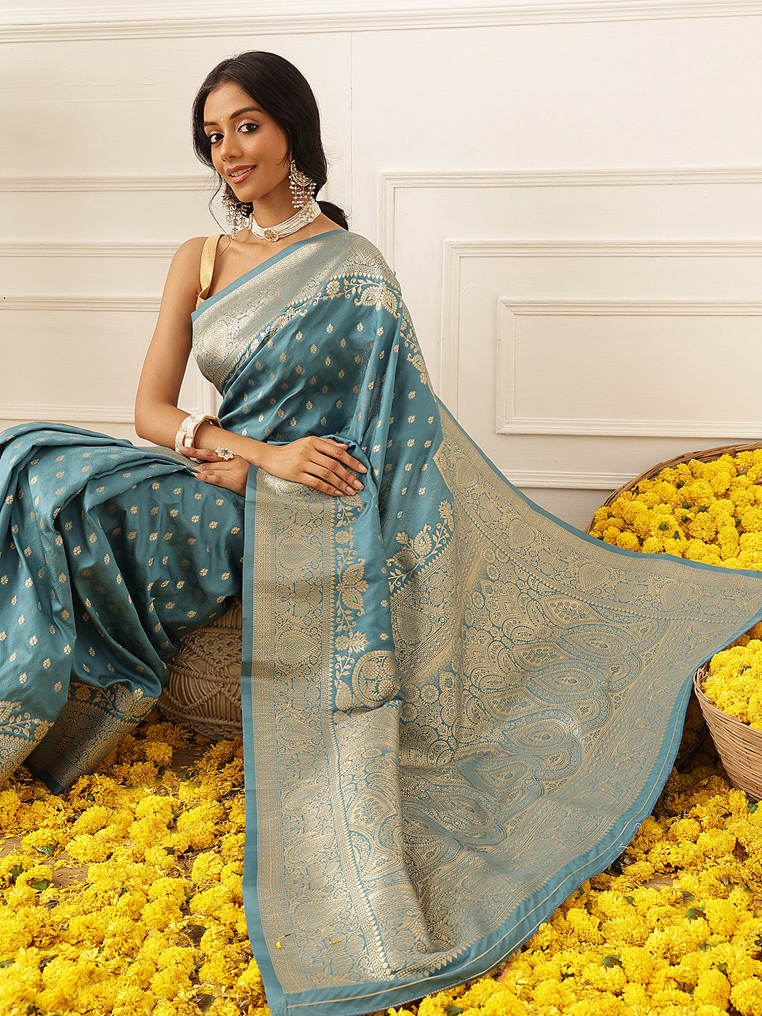 Banarasi Soft Silk Zari Butta Work Woven Saree With Unstitched Blouse Piece