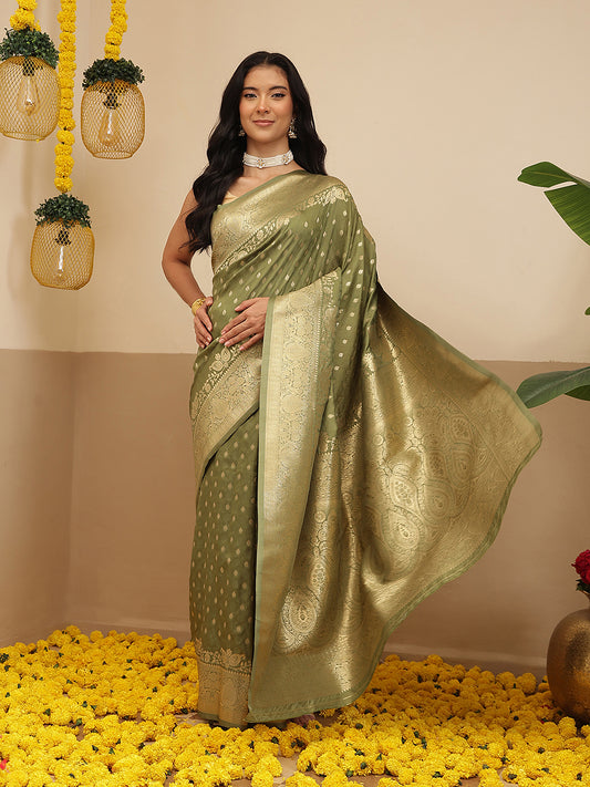 Banarasi Soft Silk Zari Butta Work Woven Saree With Unstitched Blouse Piece