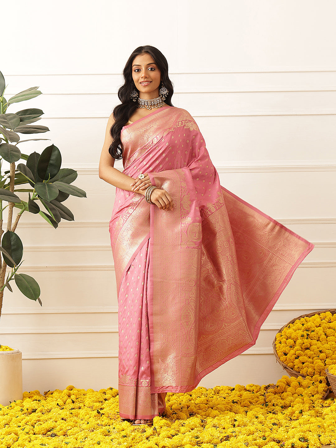 Banarasi Soft Silk Zari Butta Work Woven Saree With Unstitched Blouse Piece