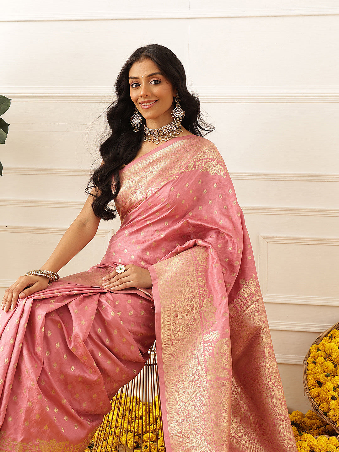 Banarasi Soft Silk Zari Butta Work Woven Saree With Unstitched Blouse Piece