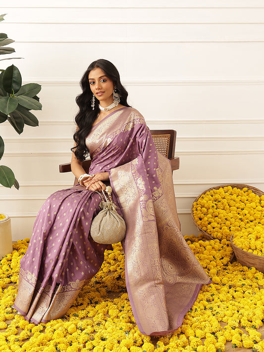 Banarasi Soft Silk Zari Butta Work Woven Saree With Unstitched Blouse Piece