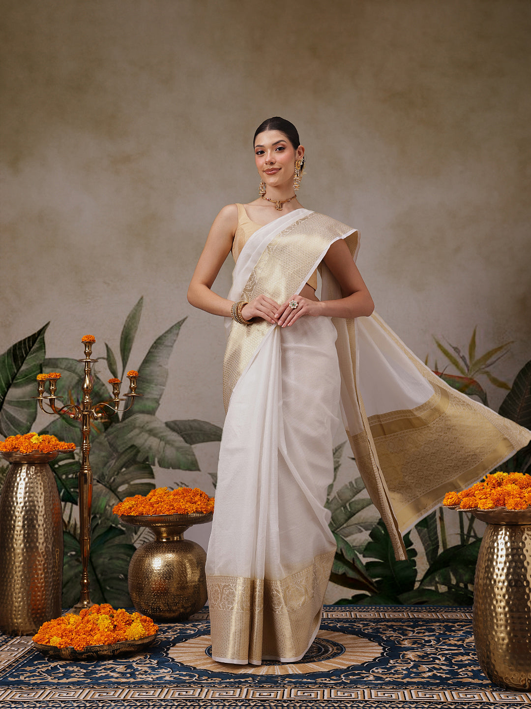 Onam Special Off White Zari Woven Saree