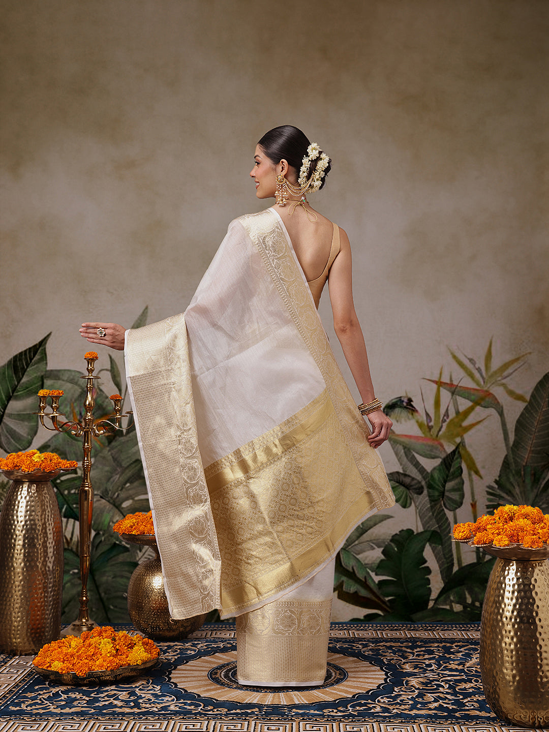 Onam Special Off White Zari Woven Saree