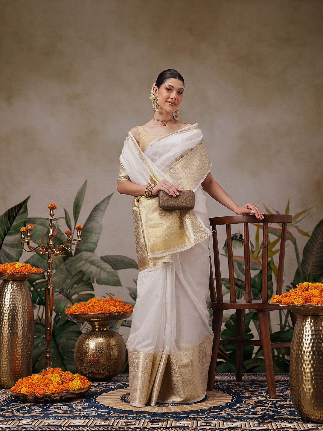 Onam Special Off White Zari Woven Saree