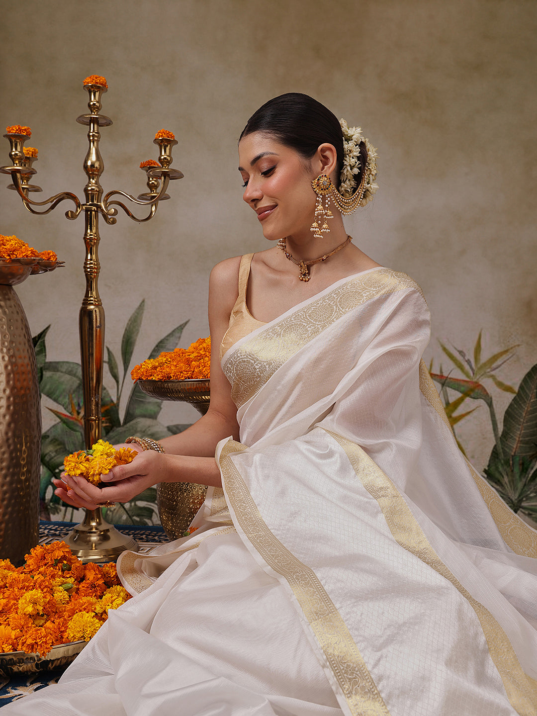 Onam Special Off White Zari Woven Saree