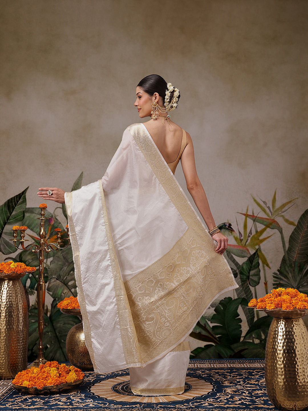 Onam Special Off White Zari Woven Saree