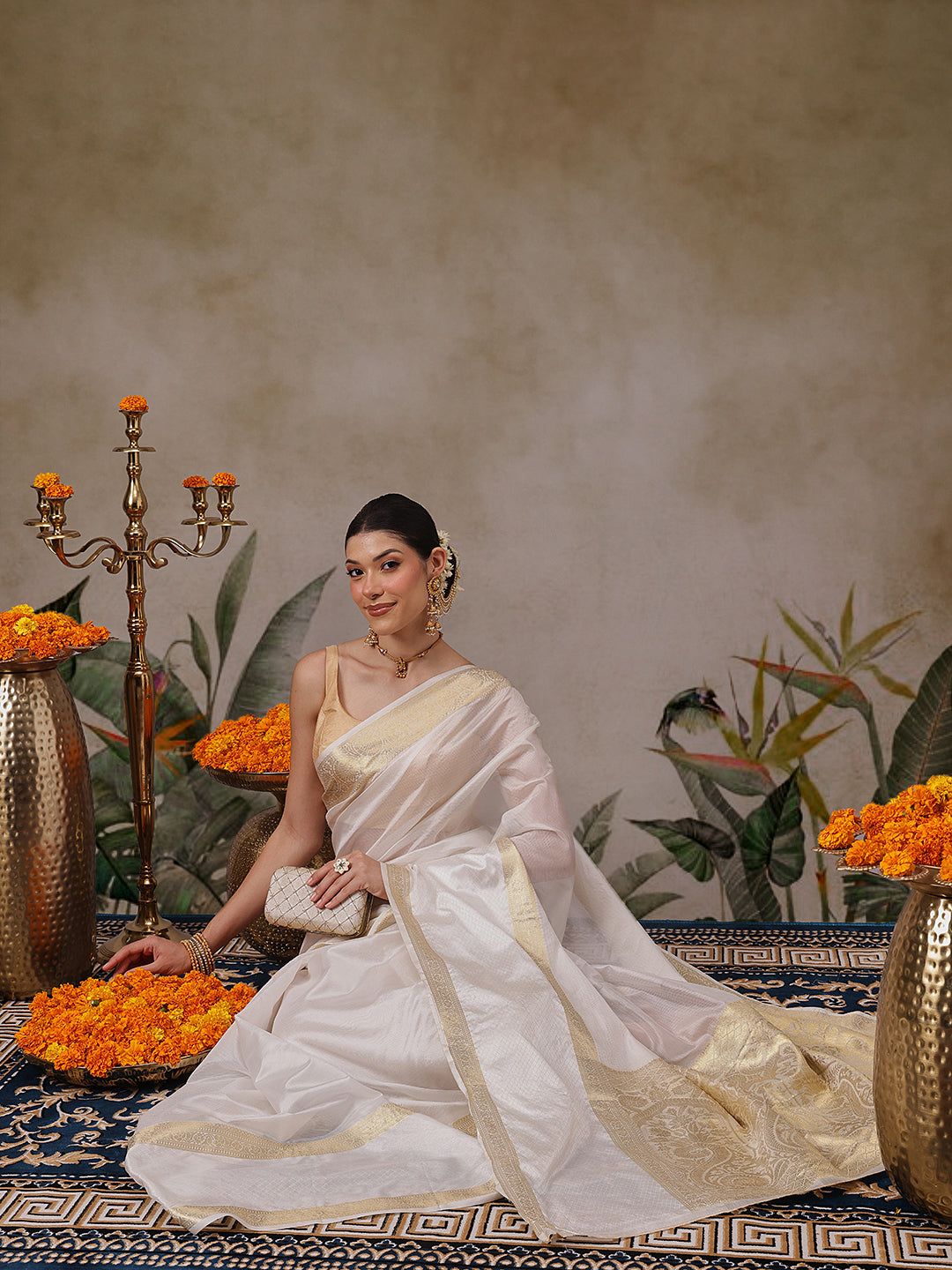 Onam Special Off White Zari Woven Saree