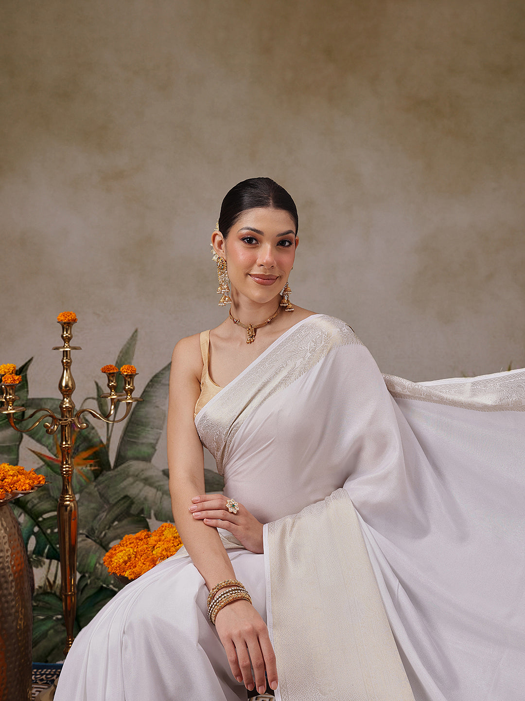 Onam Special Off White Zari Woven Saree