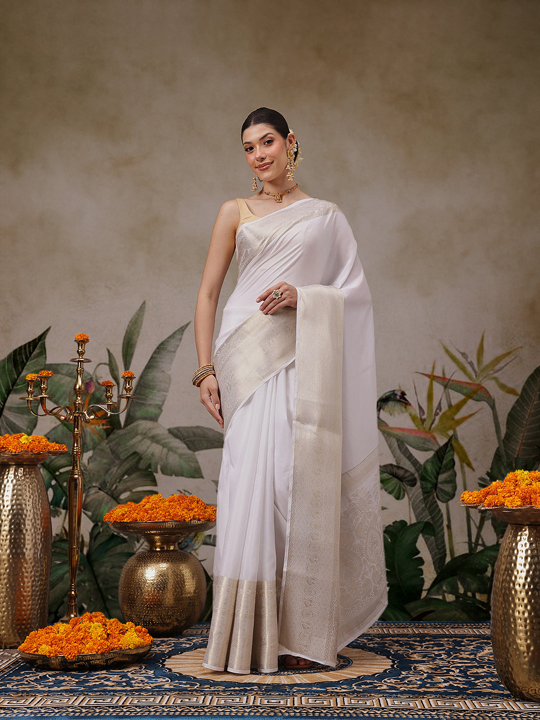 Onam Special Off White Zari Woven Saree