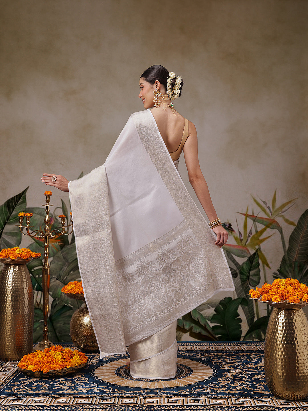 Onam Special Off White Zari Woven Saree