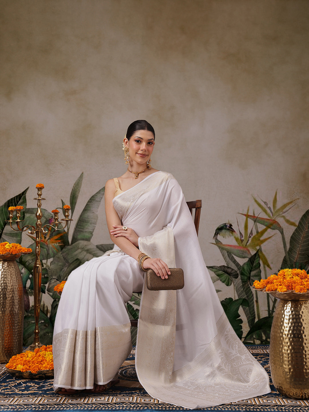 Onam Special Off White Zari Woven Saree