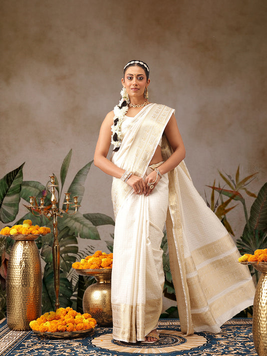 Onam Special Checks Pattern Off White Saree