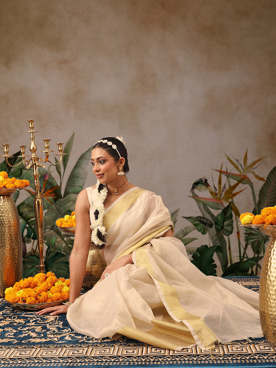 Onam Special Muga Checks Solid Saree With Zari Border