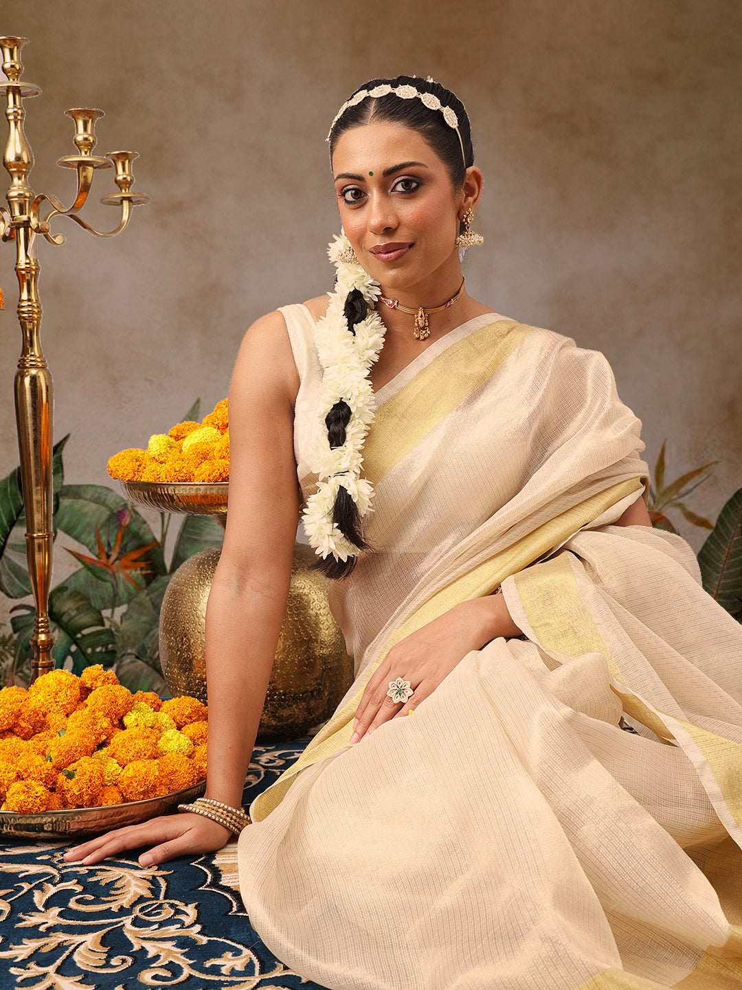 Onam Special Muga Checks Solid Saree With Zari Border