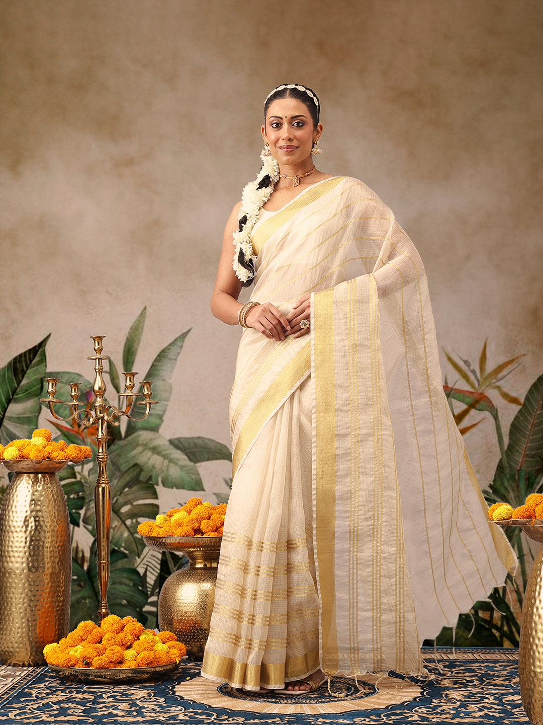 Onam Special Muga Checks Solid Saree With Zari Border