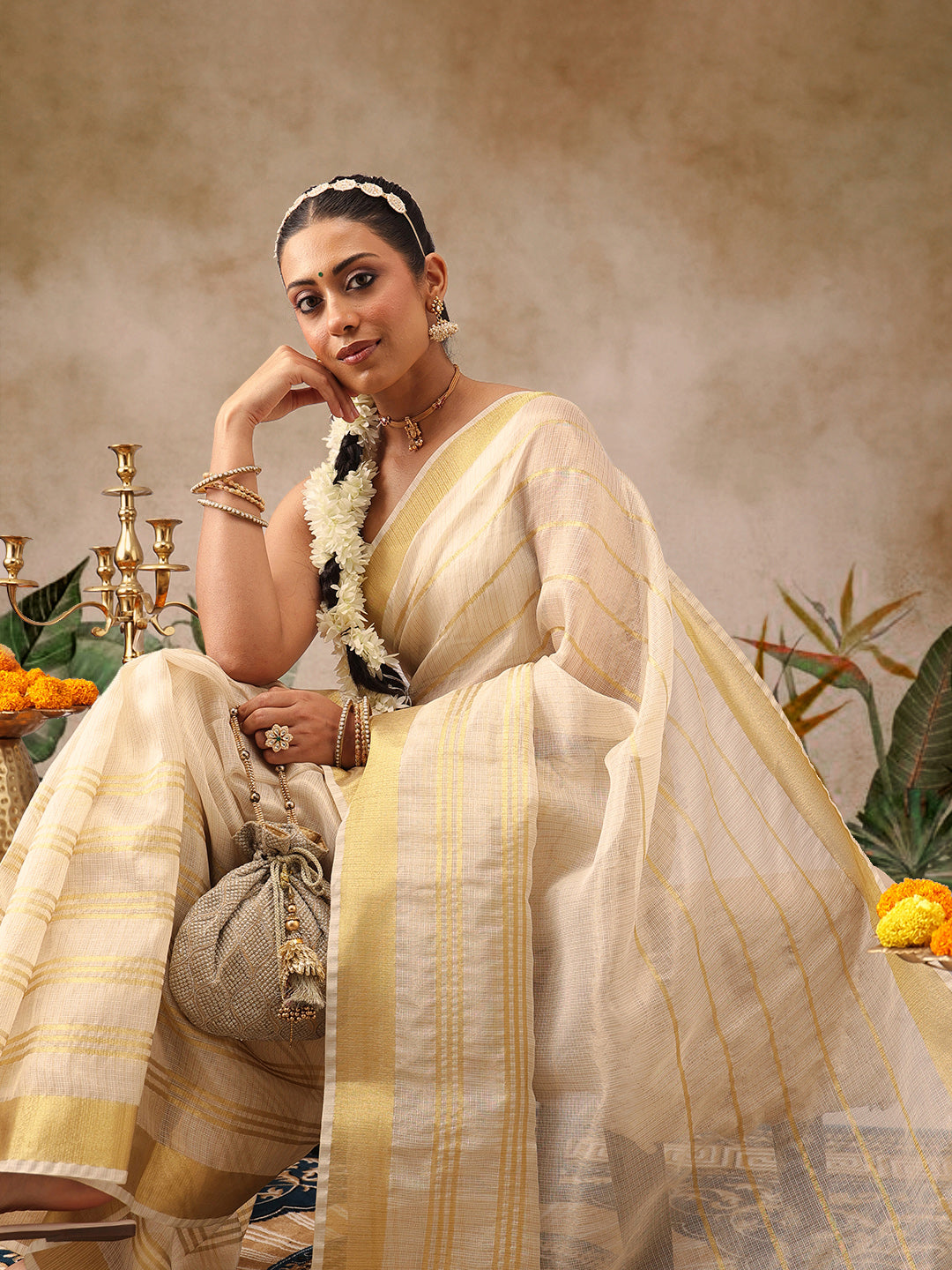 Onam Special Muga Checks Solid Saree With Zari Border