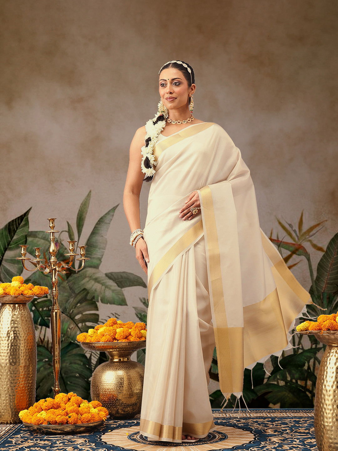 Onam Special Tissue Silk Solid Saree With Zari Border