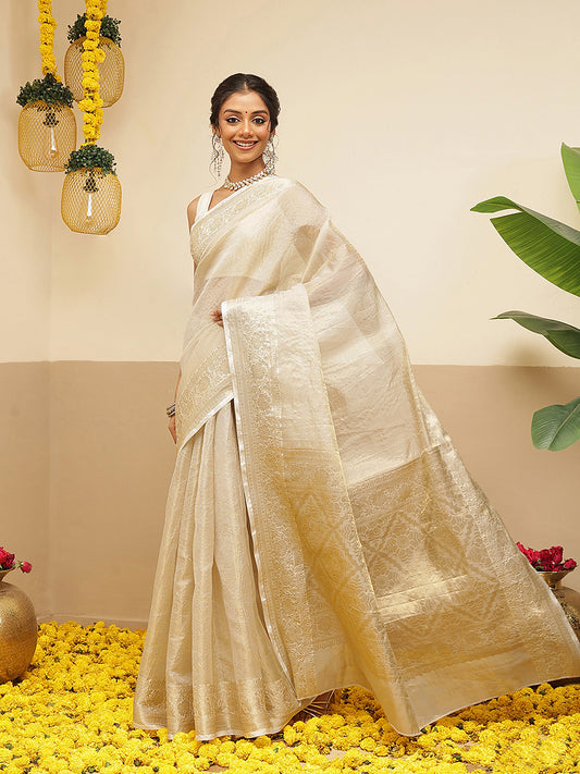 Women's Onam Special Kerla Kasavu Tissue Silk Solid Woven Saree With Brocade Blouse & Pallu