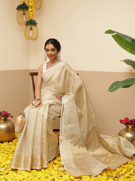 Women's Onam Special Kerla Kasavu Tissue Silk Solid Woven Saree With Brocade Blouse & Pallu