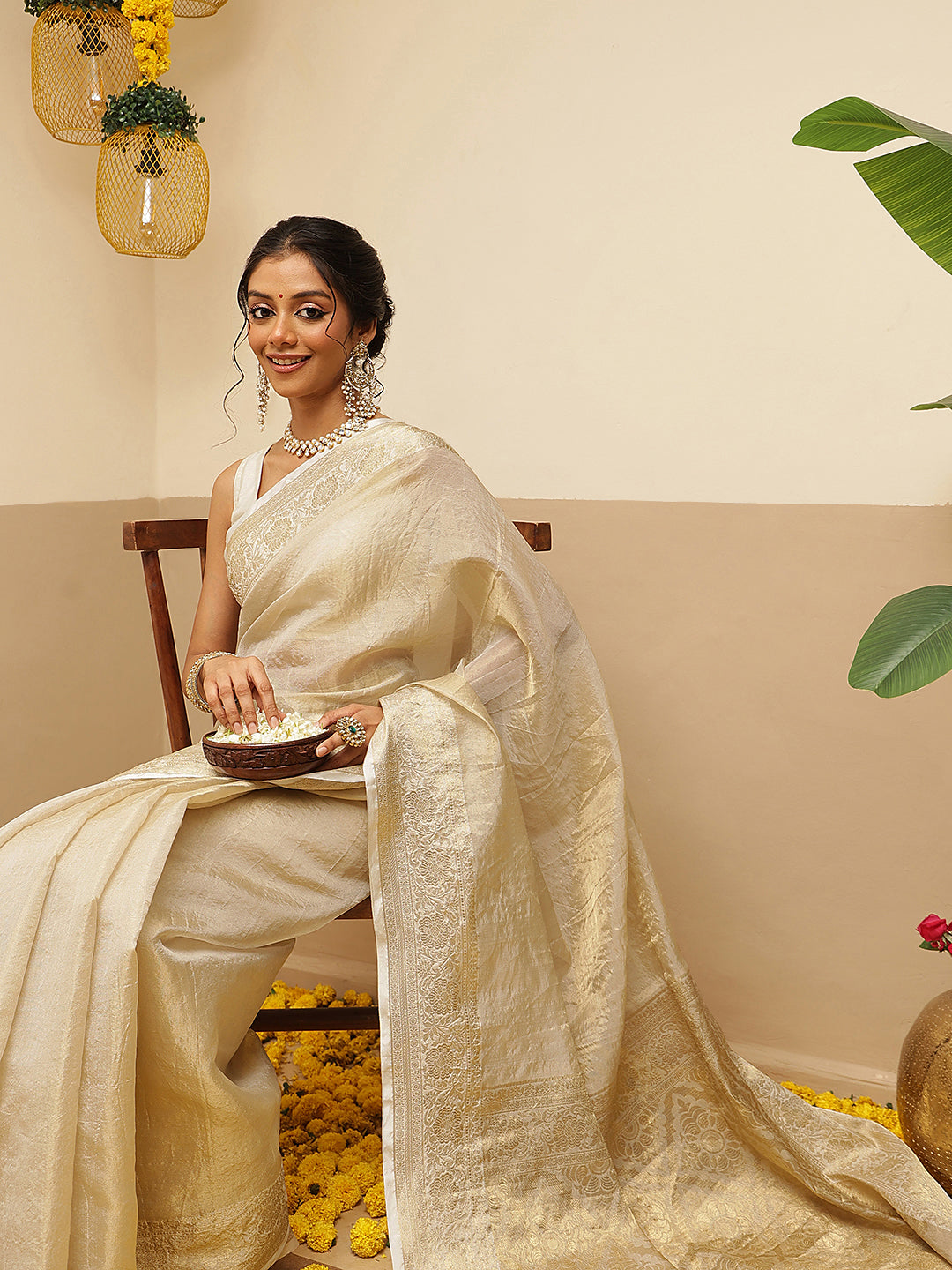 Women's Onam Special Kerla Kasavu Tissue Silk Solid Woven Saree With Brocade Blouse & Pallu