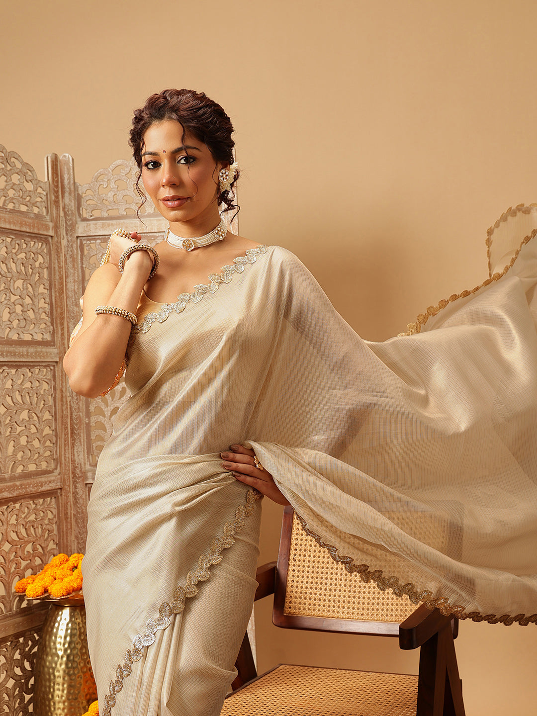 The Royal Cream Solid Muga Silk Saree Embellished With Gota Patti
