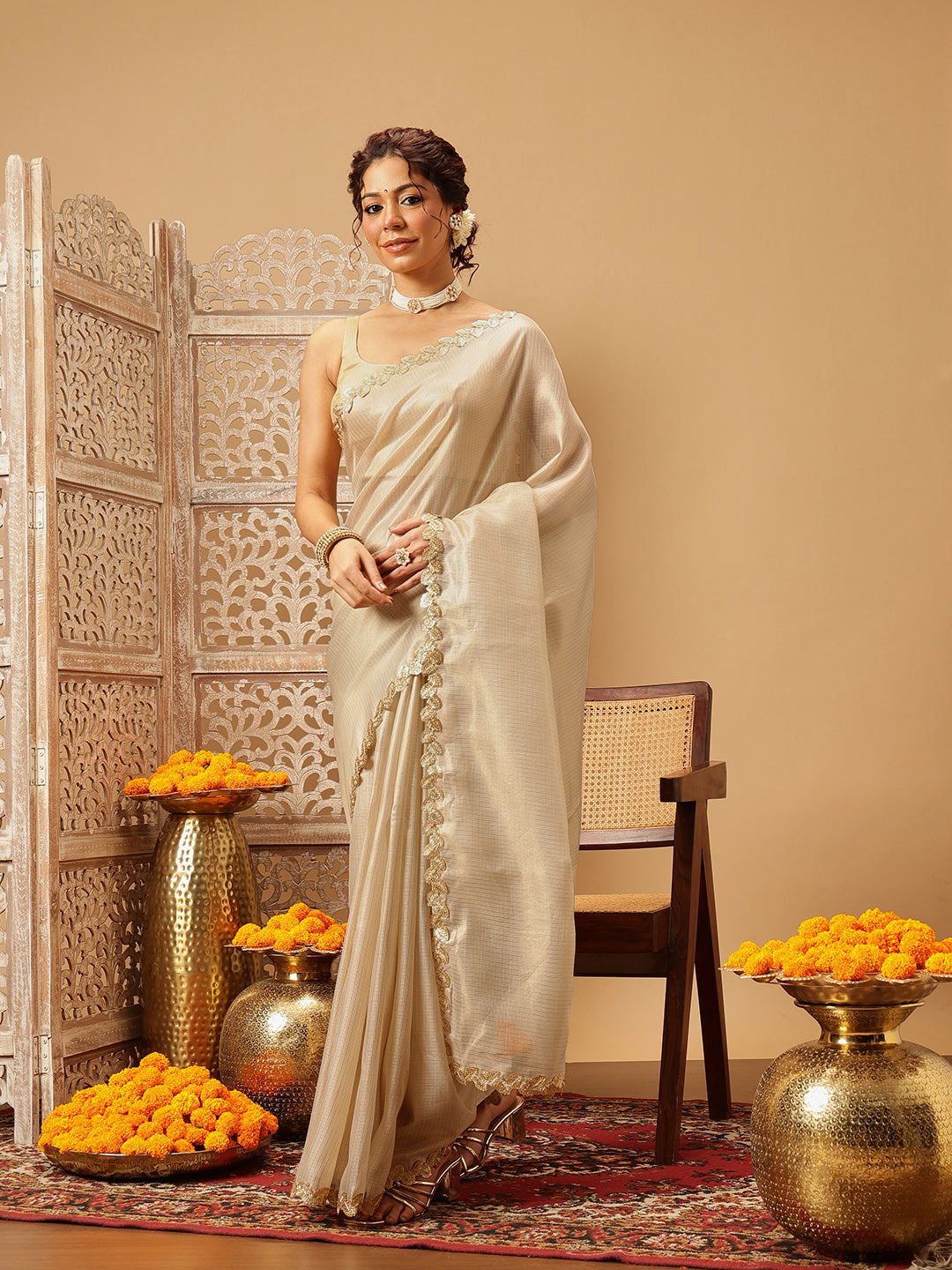 The Royal Cream Solid Muga Silk Saree Embellished With Gota Patti
